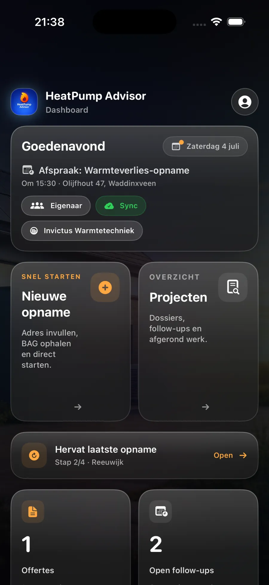 HeatPump Advisor dashboard met werkstart overzicht